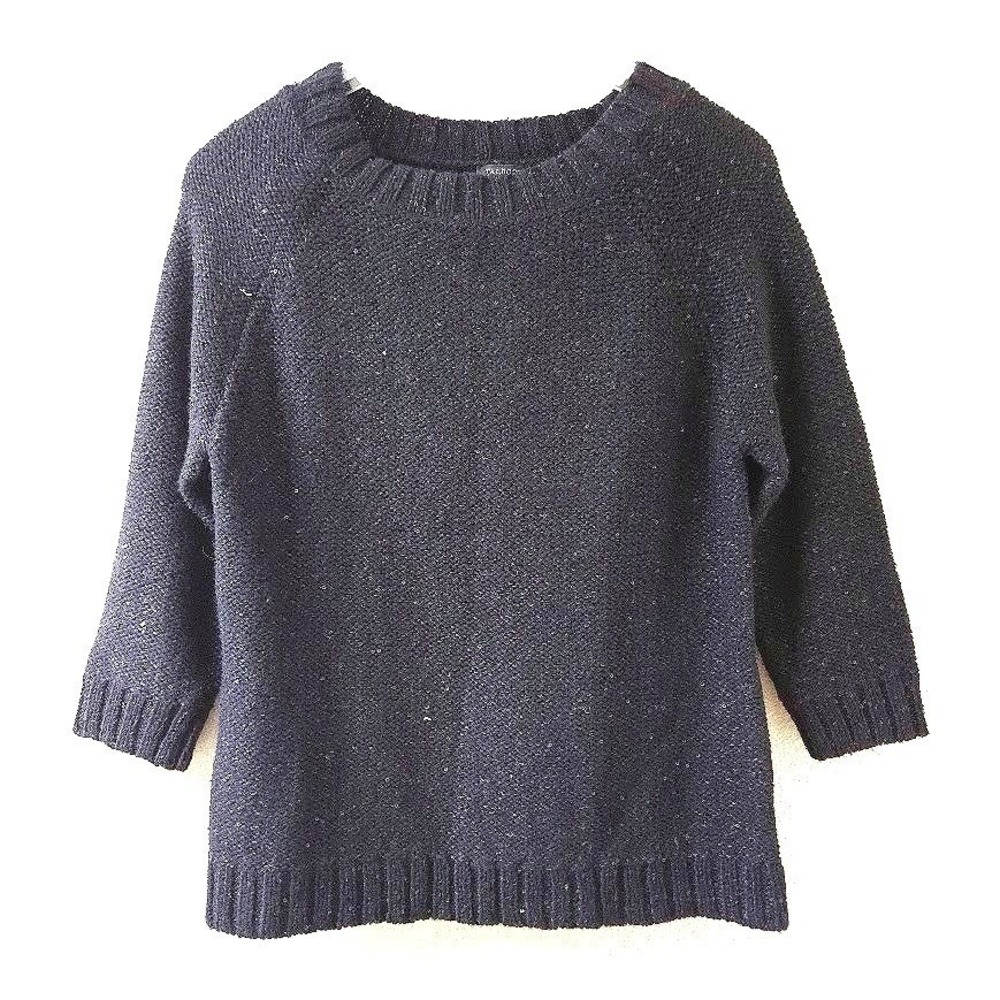 Talbots Petites Womens M Navy Sparkle Knit Sweater 3/4 Sleeve Wool‎ Blend